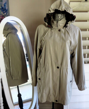 Nautica M Beige Rain Wind Jacket Coat Hooded Checkered Detachable Lining Women
